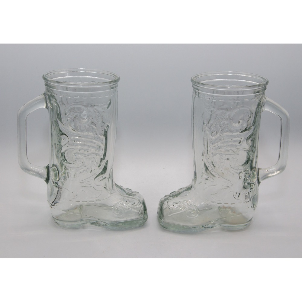 Set of 2 Vintage Clear Glass Cowboy Boot Mugs Western Beer Steins 6 Inch